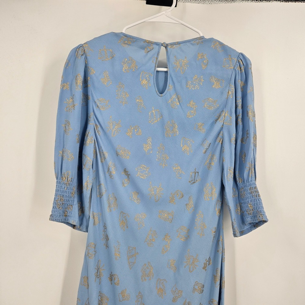 RIXO A-line Dress Blue Gold Metallic Zodiac Print Smocked Puff Sleeves Maxi Sz 6 - Picture 4 of 6